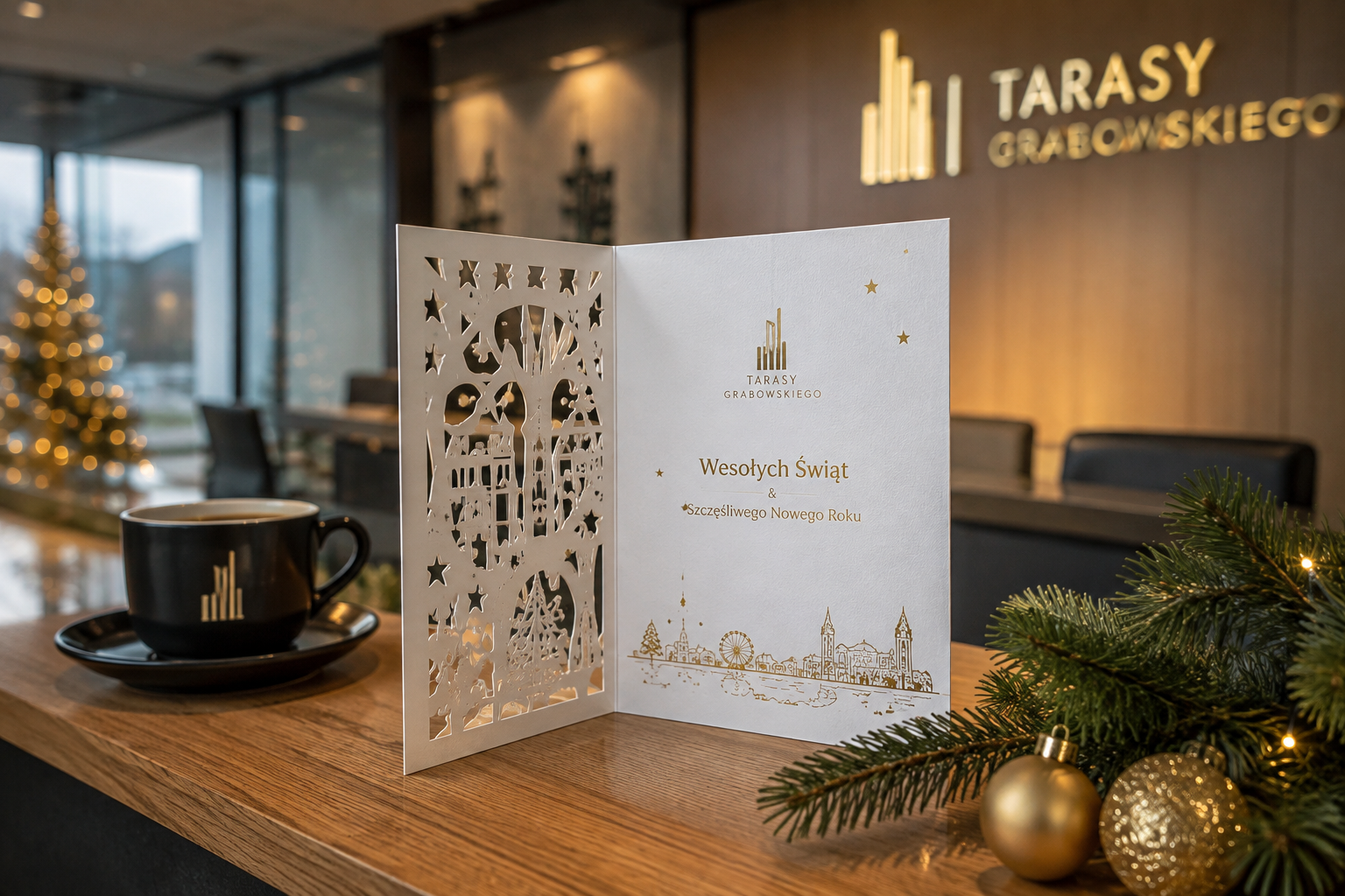 Kartki swiatecne-45g Elegancka papierowa kartka bożonarodzeniowa stojąca jako ozdoba w recepcji firmy przez cały okres świąteczny.