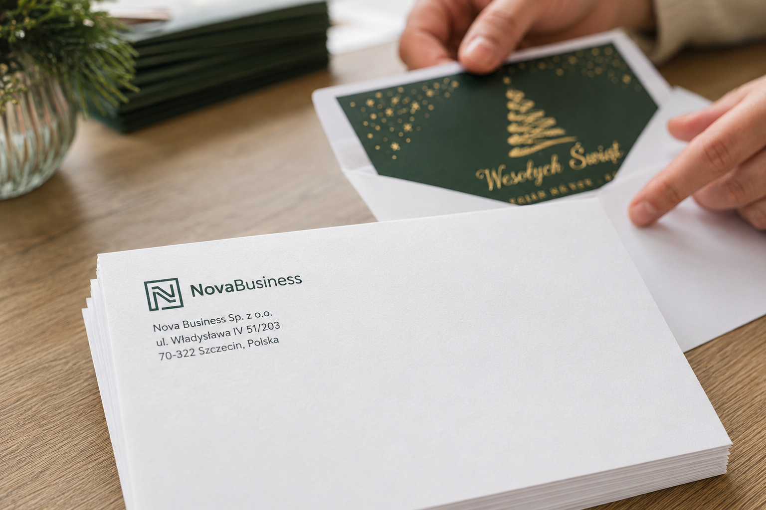 Kartki świateczne-g3 Zbliżenie na białą kopertę świąteczną z precyzyjnie nadrukowanym logo firmy i adresem zwrotnym.