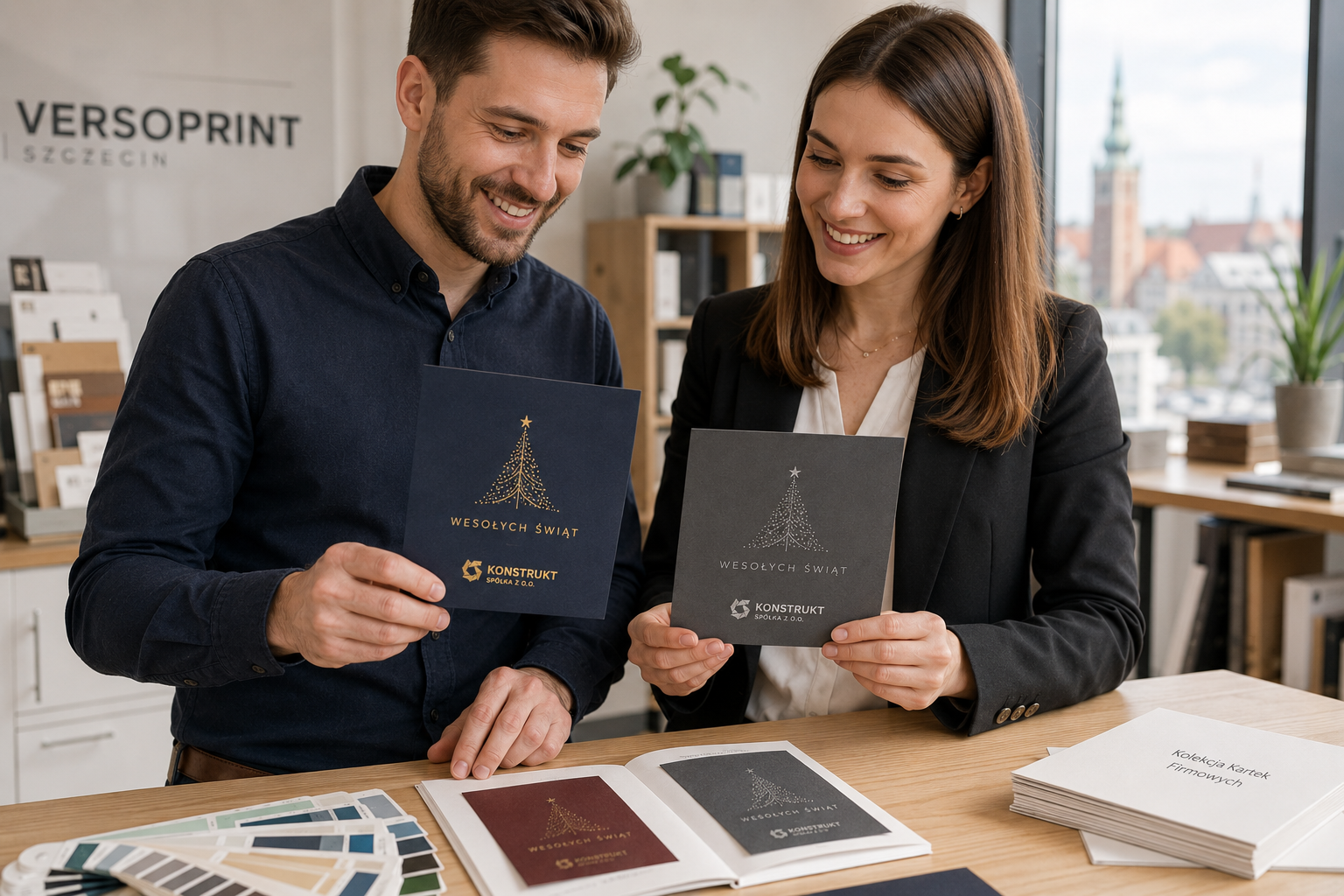 Specjaliści ds. marketingu porównują próbki kartek świątecznych ze złotym i srebrnym złoceniem hot-stamping.
