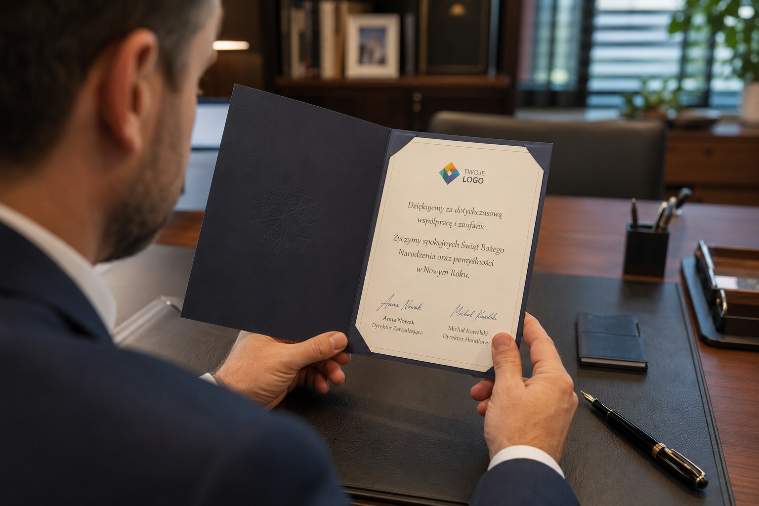 kartki swiateczne-3df Zbliżenie na dłonie menedżera trzymającego otwartą kartkę świąteczną dla klienta z podziękowaniem za współpracę i logo.